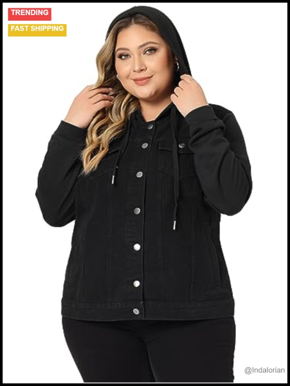 Women Plus Size Denim Jacket With Hoodie Button Up Long Sleeve Stretch Jean